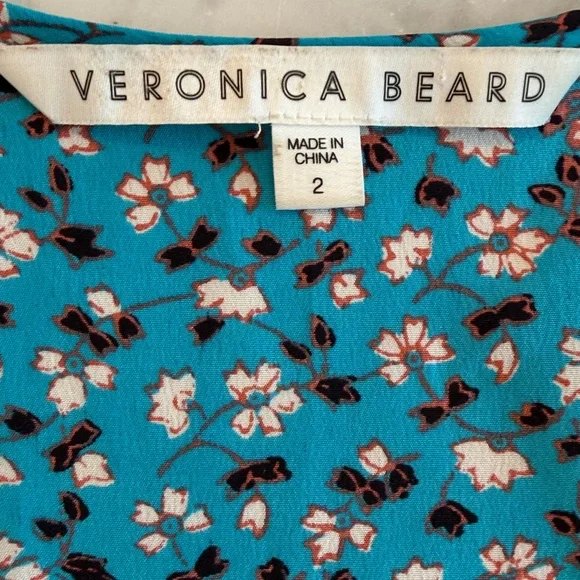 Veronica Beard Turquoise Blue Floral short sleeve Sz 2 XS S Silk Blouse EUC - Picture 3 of 8